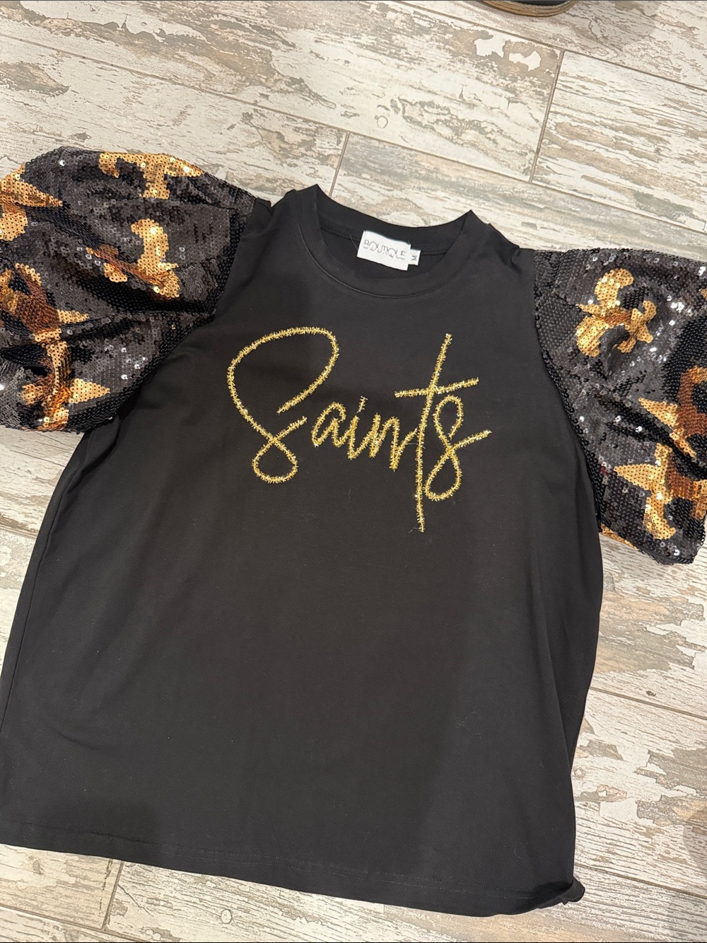 Saints Sequin Puff Sleeve Kids Top - Black & Gold